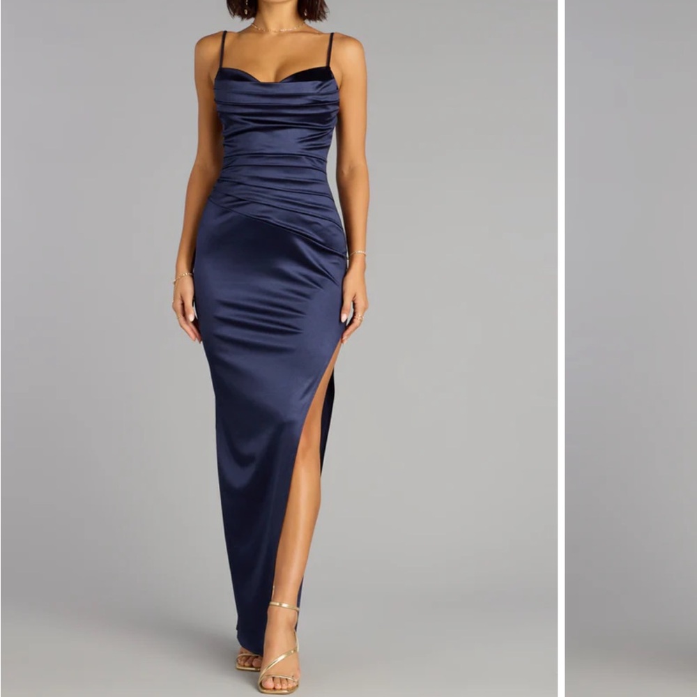 Alessia Satin Cowl Neck Slit Formal Dress